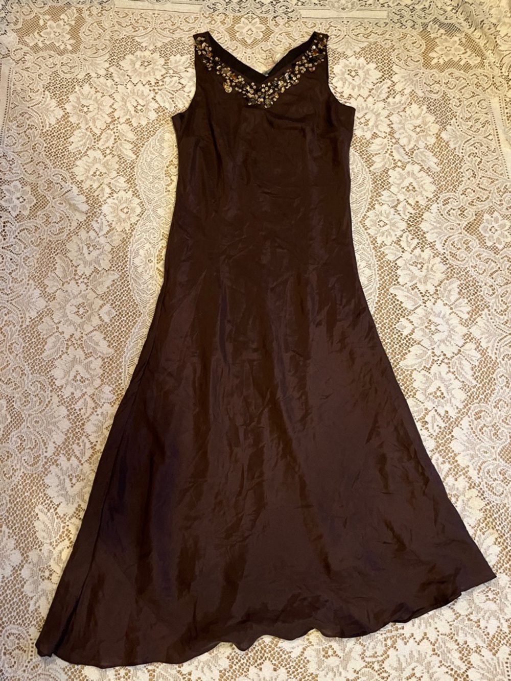 Vents d'Ailleurs Asymmetric Silk Beaded Accent Midi Dress, Brown, Size US 6